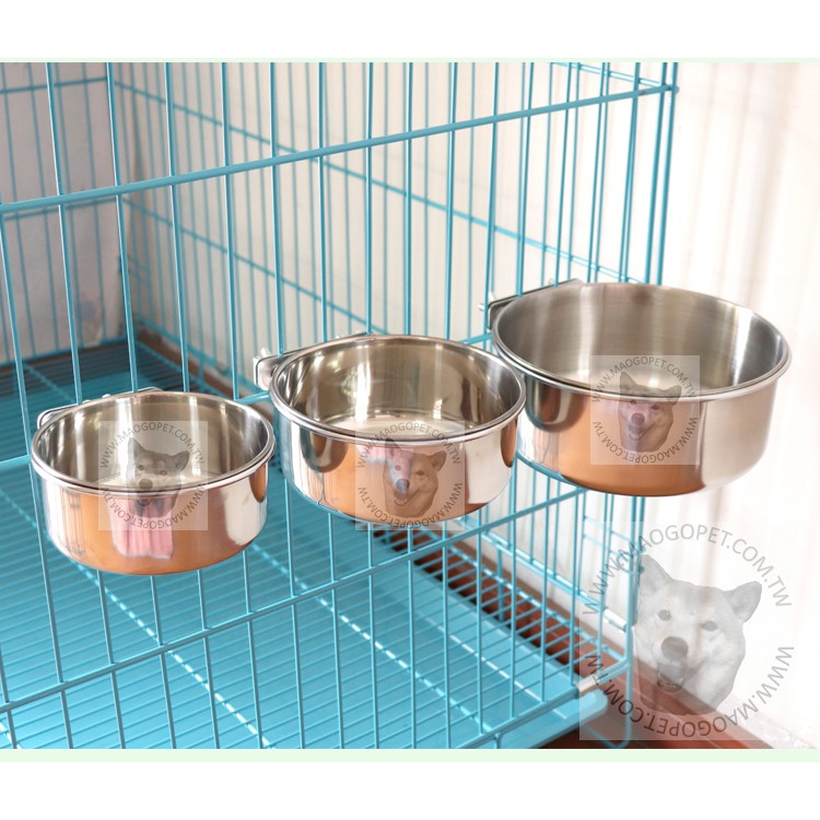 寵物懸掛式不鏽鋼碗 小動物白鐵食盆 籠掛餵食器 厚鋼盆 不銹鋼水碗（含掛架）＃1號（Ø20公分）每件250元