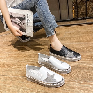 JC Shop【35-40#】韓國熱銷-真皮水鑽小白鞋 真皮休閒鞋女/真皮小白鞋/厚底真皮女鞋/懶人鞋 樂福鞋
