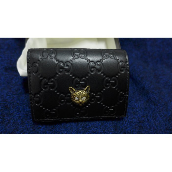 米蘭二手正品店 黑色現貨 Gucci 猫頭短夾皮夾卡夾mini Gg 壓紋 蝦皮購物