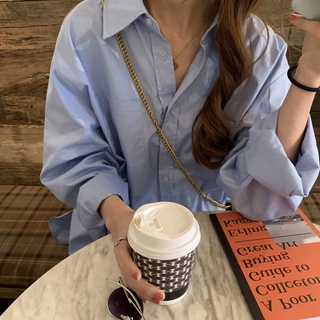 韓版寬鬆長袖藍色襯衫女氣質款時尚氣質款洋氣百搭chic風設計感小眾翻領開衫打底衫襯衣上衣