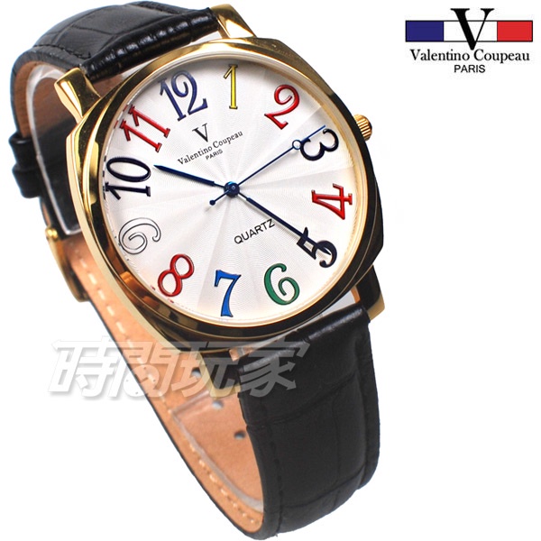 valentino coupeau范倫鐵諾 V61601GW黑大 方圓數字時尚錶 防水手錶 真皮 金x黑色 男錶