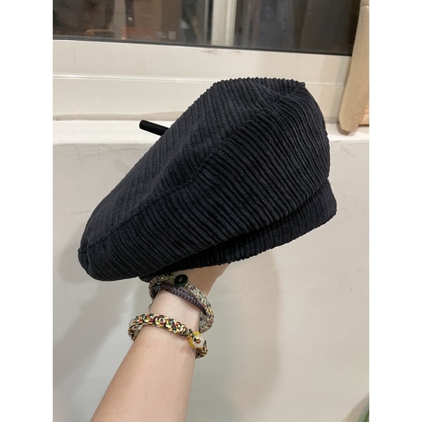 黑色 燈芯絨 貝雷帽 畫家帽 復古時髦黑色帽子