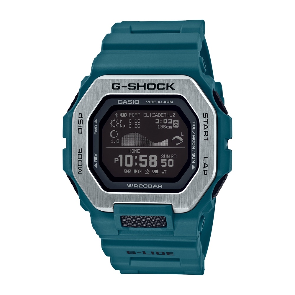 【CASIO】G-SHOCK G-LIDE系列經典設計衝浪者潮汐電子錶-藍綠 GBX-100-2 台灣卡西歐保固一年