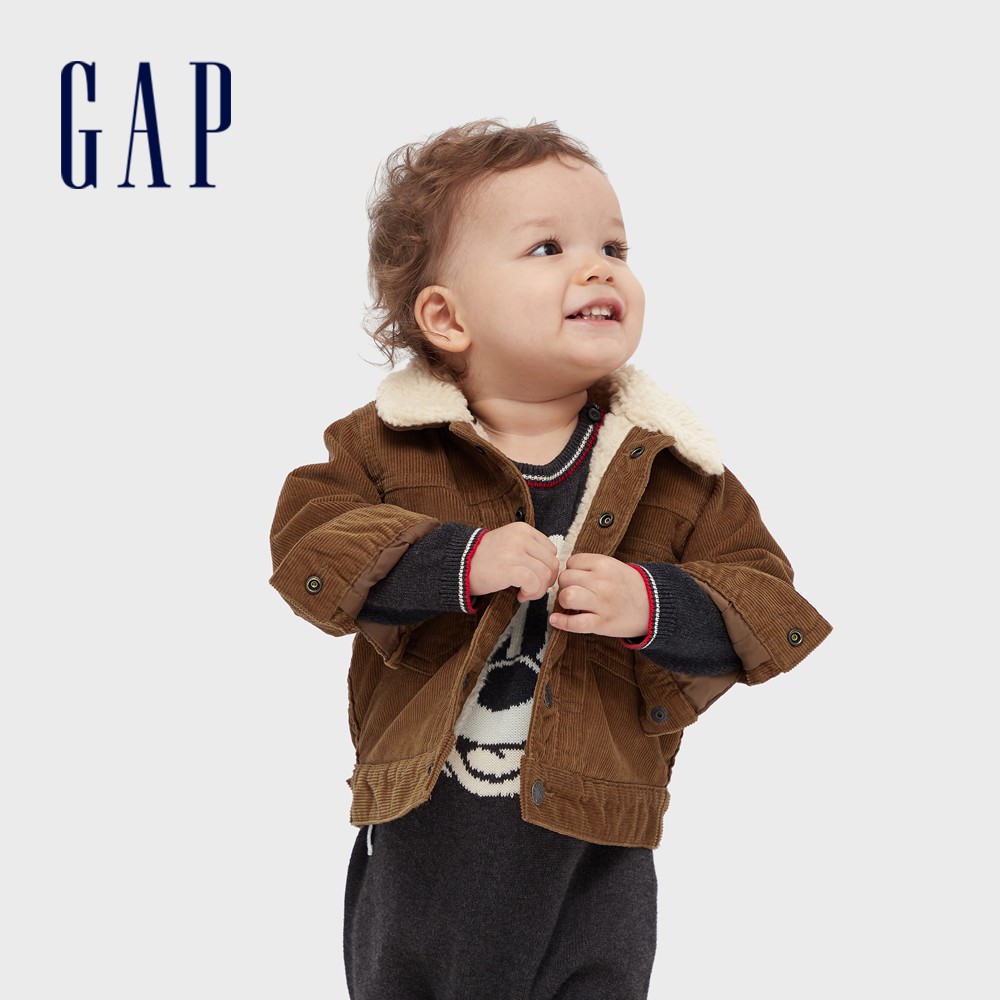 Gap 嬰兒裝 復古風仿羊羔絨翻領外套夾克-棕色(595626)