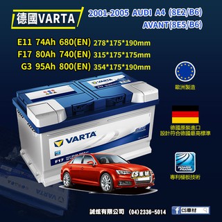 CS車材- VARTA 華達電池 AUDI A4 (8E2/B6...) 01-05年 E11.. 代客安裝