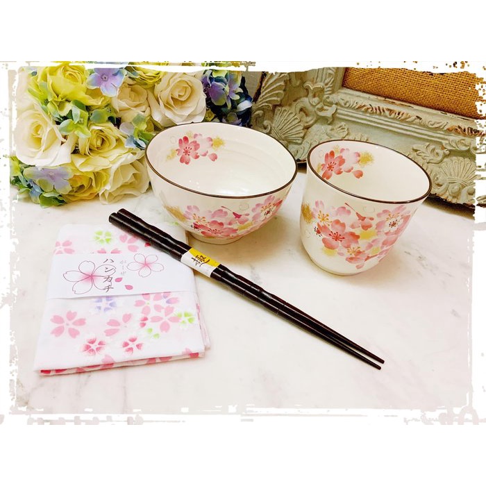 日本空運 日式 和藍 美濃燒 櫻花 金箔 和風 碗 杯 筷 禮盒組-日本製