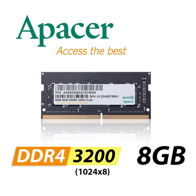 【Apacer 宇瞻】DDR4 3200_8GB NB用 筆記型記憶體 終生保固