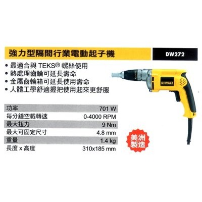 美國 DEWALT 得偉 DW272 強力型隔間行業電動起子機