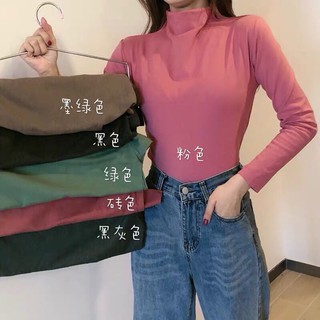 ｛現貨臺灣｝冬季韓版半高圓領加厚修身長袖上衣。尺寸：均碼。顏色：綠色，粉色，深灰色，磗紅色，黑色，墨綠色。