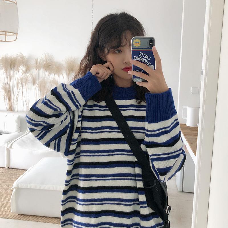 綺麗閣新店促銷 全新現貨快速出貨 日系條紋毛衣女學生韓版寬鬆上衣針織外套百搭圓領套頭針織衫上衣 蝦皮購物