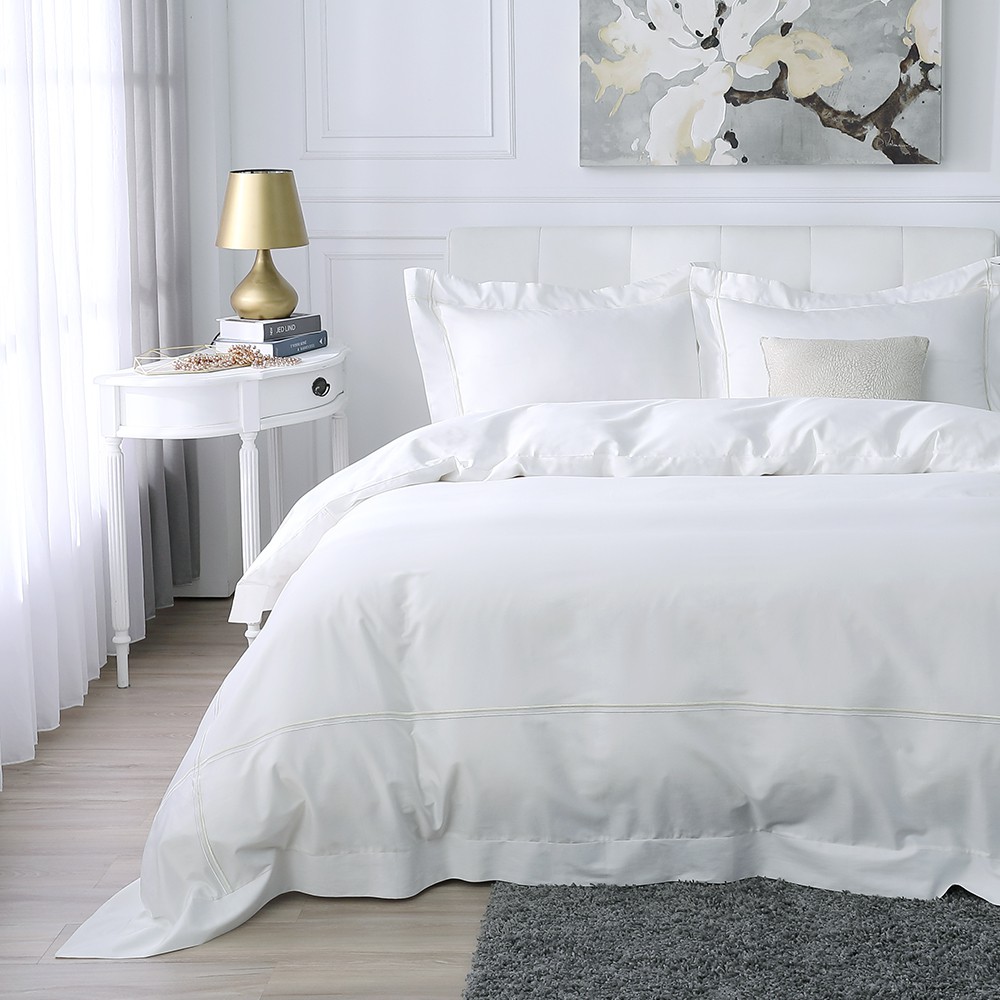鴻宇 美國棉300織 床包枕套組 床包被套四件組 純色刺繡 簡約白 多尺寸任選 台灣製2101