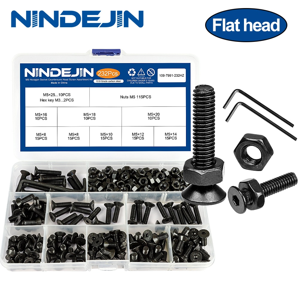 NINDEJIN 146-452個 內六角沉頭螺絲盒裝 碳鋼平頭內六角螺釘 螺栓螺母組合套件m2m2.5m3m4m5m6