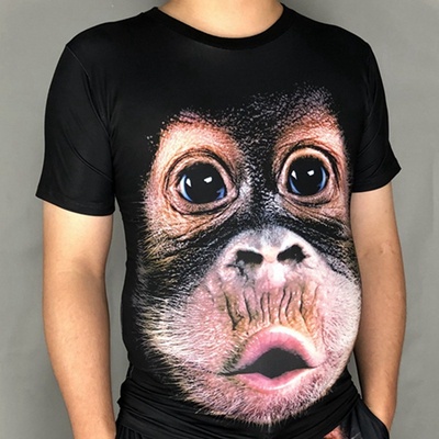 夏季搞笑大肚胖子衣服男 3D猴子印花T恤 S-5XL 抖音大嘴猩猩短袖背心 假腹肌T恤 年會表演服 派對個性服裝 團體活