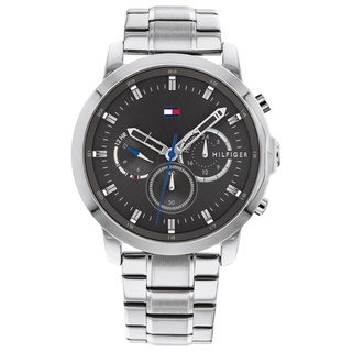 tommy hilfiger 男仕銀鋼三眼豪紳風格腕錶 44mm 兩地時間顯示 th700084 臺灣公司貨保固二年
