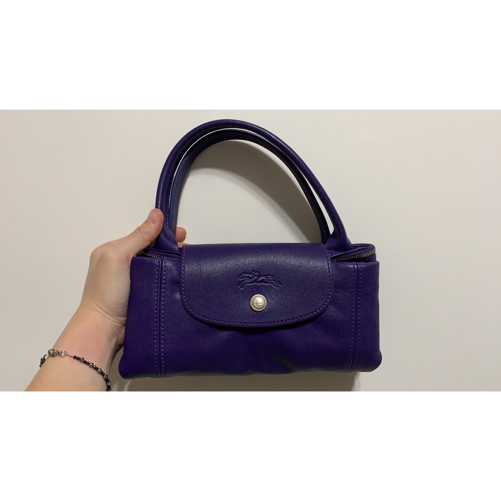 ♥ 二手近全新 Longchamp Le Pliage Cuir 藍莓紫 深紫 短提把 小羊皮 短把折疊小型水餃包 S號