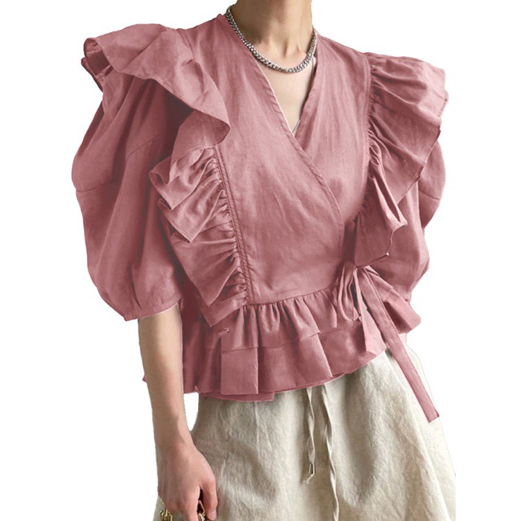 ZANZEA 女士時尚復古 3/4 袖純色 V 領荷葉邊繫帶棉質襯衫