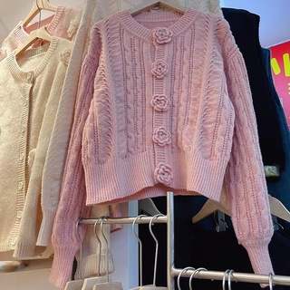 韓版針織毛衣長粉紅色立體花朵短版長袖外套出清特價