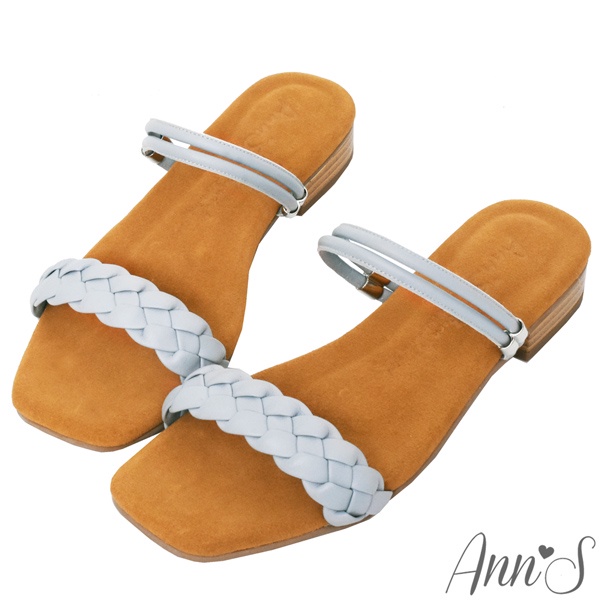 Ann’S水洗牛皮-前編織帶兩穿木紋跟方頭涼鞋-藍
