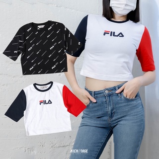 FILA CROP TEE 黑色 滿版LOGO 白紅藍 撞色 短版 純棉 短T【5TEV-5425
