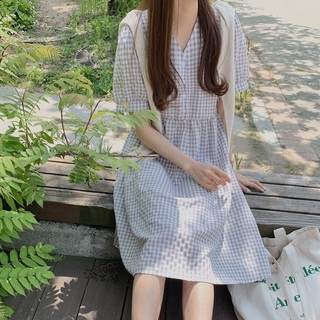 43656 韓版V領簡約格紋寬鬆短袖中長款連衣裙洋裝