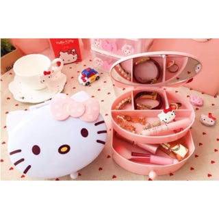 新hello Kitty貓頭 翻蓋雙層首飾盒 抽屜式鏡子化妝盒 飾品收納盒