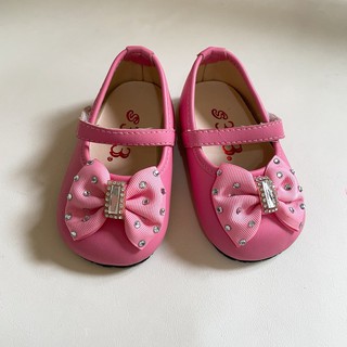 童鞋13.5粉色氣質蝴蝶結水鑽圓頭包鞋 魔鬼氈黏帶 MIT台灣製