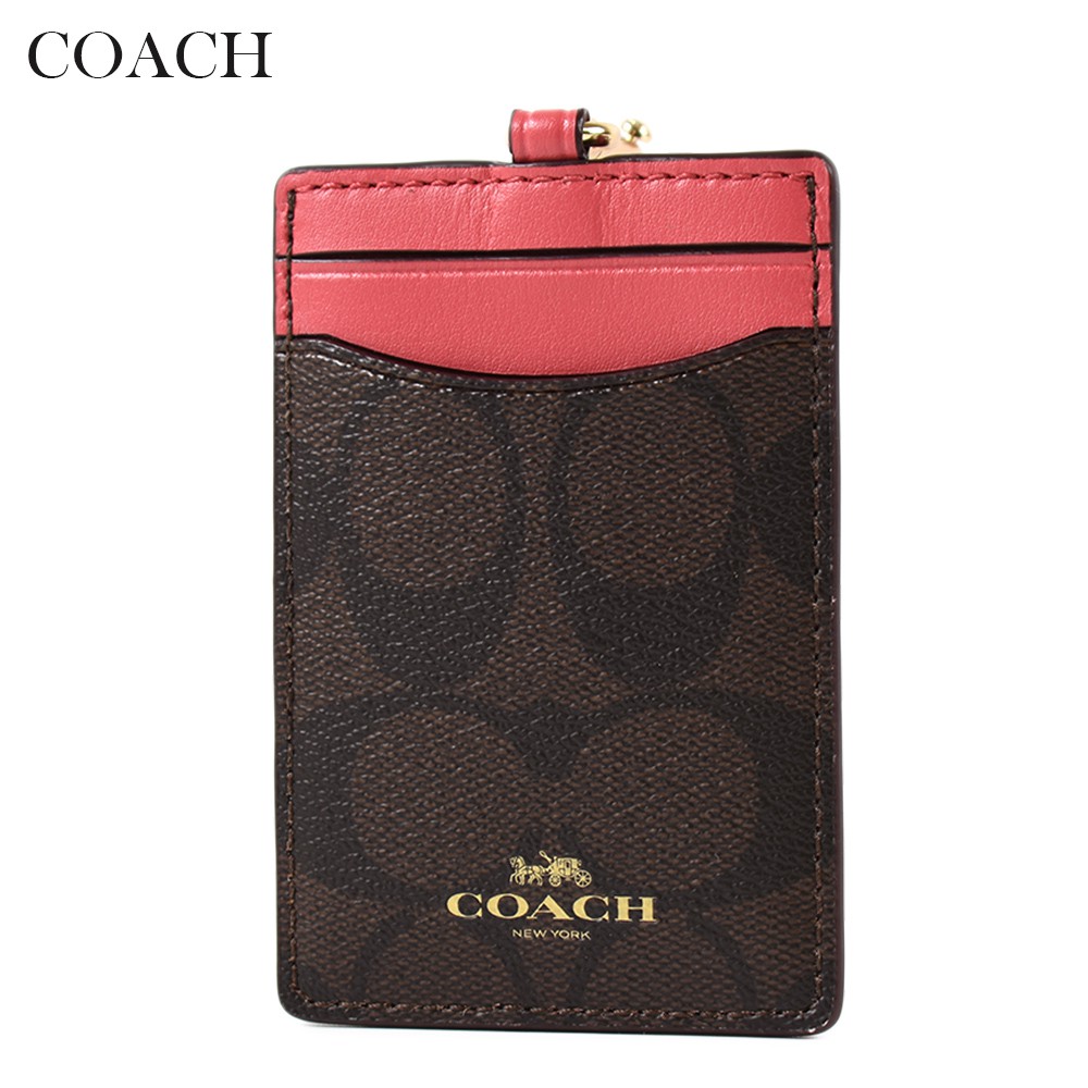Coach 緹花logo防刮皮革識別證掛帶票卡夾 莓紅色 美國正品現貨 蝦皮mall Line購物