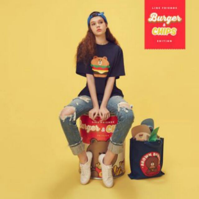 LINE FRIENDS Burger &amp; Chips Edition聯名 熊大brown burger t恤/上衣 現貨!