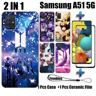 SAMSUNG 2 合 1 BTS 手機殼帶鋼化玻璃,適用於三星 A51 5G 手機殼和曲面陶瓷螢幕保護膜