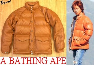 BLACK完全復刻!近全新A BATHING APE木村著HERO皮革羽絨小羊皮大衣BAPE羽毛外套夾克