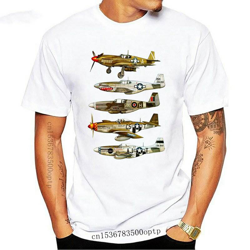 男士 T 恤熱門潮流北美 P-51 野馬二戰戰鬥機印花短袖夏季休閒嘻哈 T 恤 119402