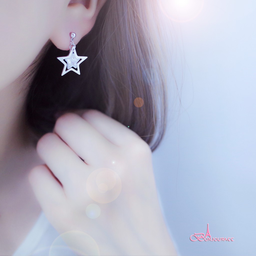 韓國 不對稱星鑽 925銀針 夾式 針式 耳環 【Bonjouracc】