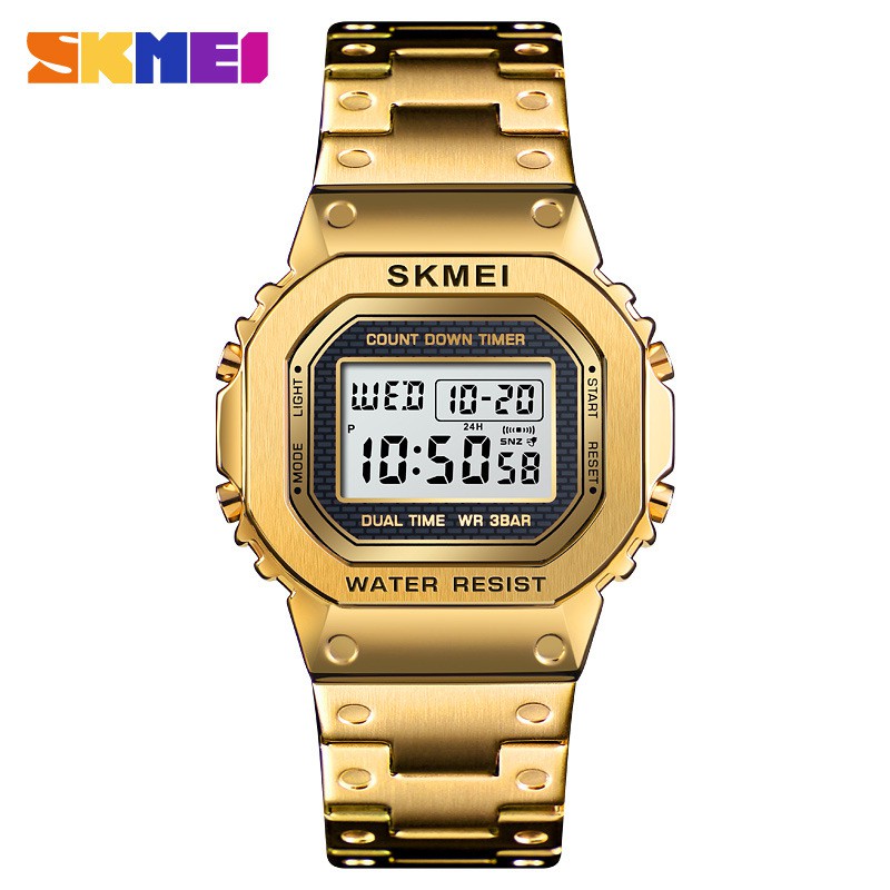 Skmei 豪華金不銹鋼計時碼表倒計時情侶數字手錶時尚戶外運動頂級品牌男士女士腕錶