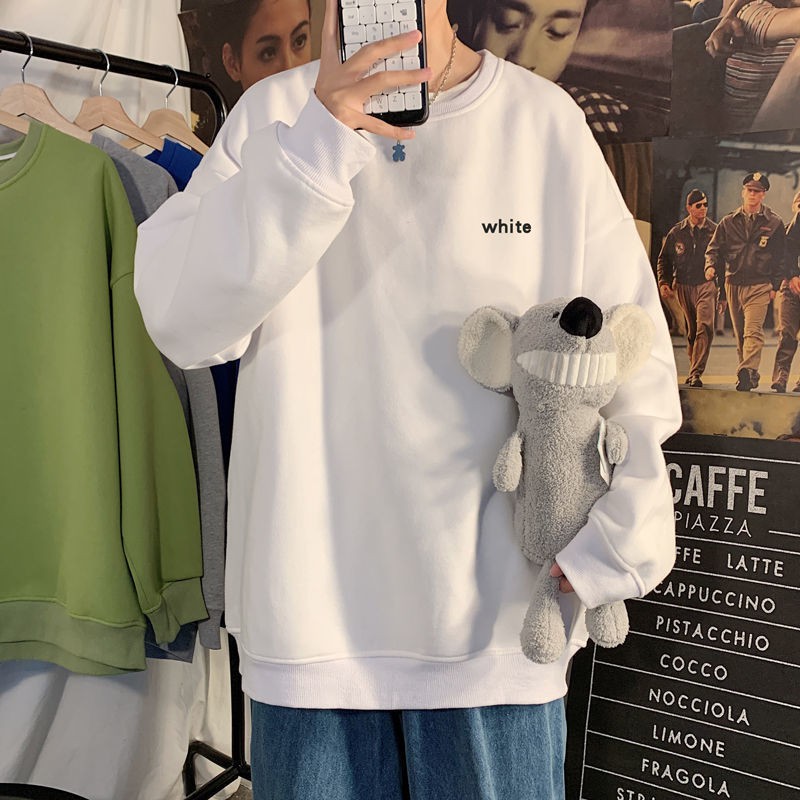 臺灣港風秋冬季衛衣男寬松潮流學生百搭上衣服男外套加絨加厚圓領衛衣 | BeeCost