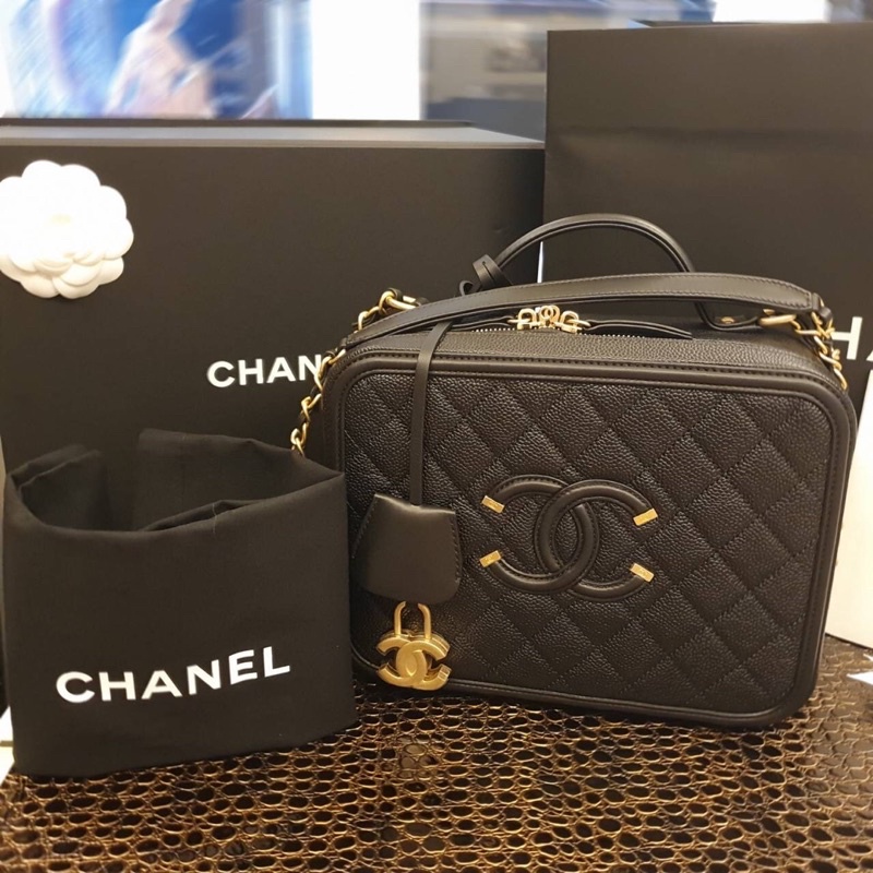 CHANEL vanity case 24cm 大型 荔枝紋 化妝箱包 鏈條包 相機包 A93344