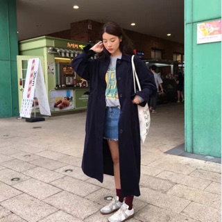 秋裝韓國翻領簡約長版風衣 百搭 休閒寬鬆風衣外套