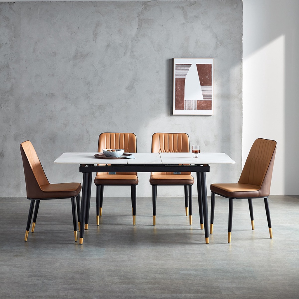 【hoi! 】 林氏木業時尚簡約岩板可伸縮餐桌 JI3R+褐色餐椅LS073-白色（一桌四椅）/安運費用1500元