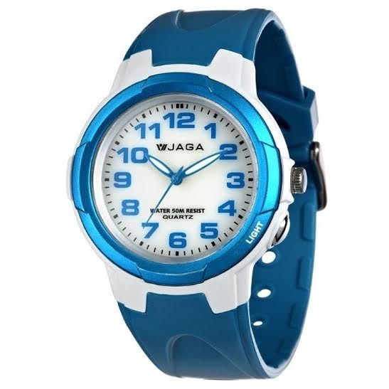 JAGA捷卡 AQ71A-DE 指針錶 白面 亮藍橡膠 女錶 學生錶 童錶 清楚時間判讀【時間玩家】