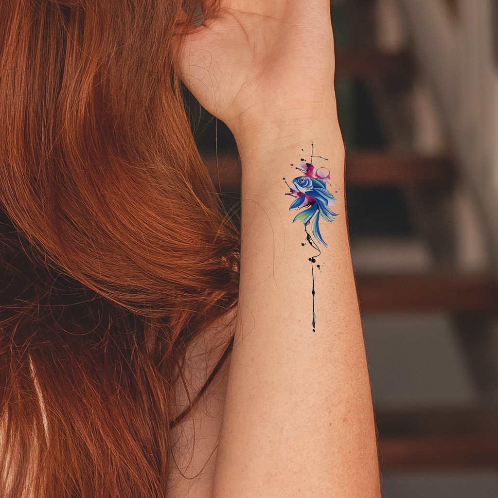 微刺青魚毛筆水彩潑墨 大邱紋身 T08z 新小清新假刺青輕紋身防水紋身刺青貼紙t08 蝦皮購物