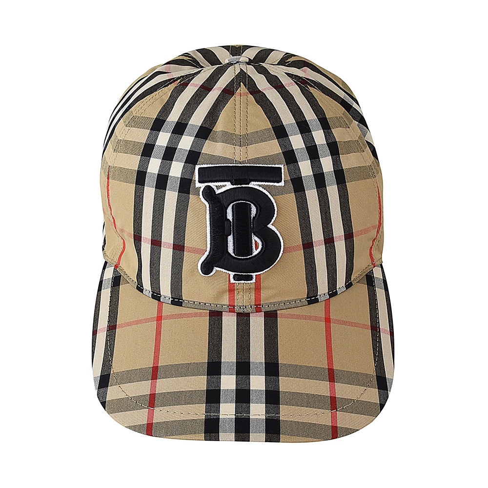 BURBERRY刺繡TB LOGO復古格紋設計棉質扣式棒球帽(典藏米)