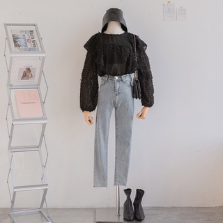 MUMU【T63257】微透膚 韓國小姐姐羽毛感長袖上衣 (黑) 流蘇上衣 羽毛上衣 長袖 薄長袖 透膚上衣 雪紡上衣