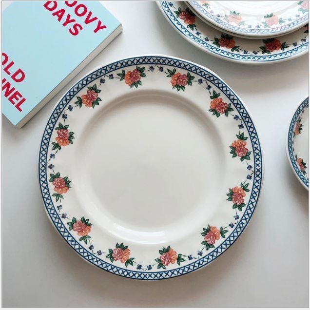 復古玫瑰花餐盤韓國ins同款陶瓷盤子點心盤家用菜盤