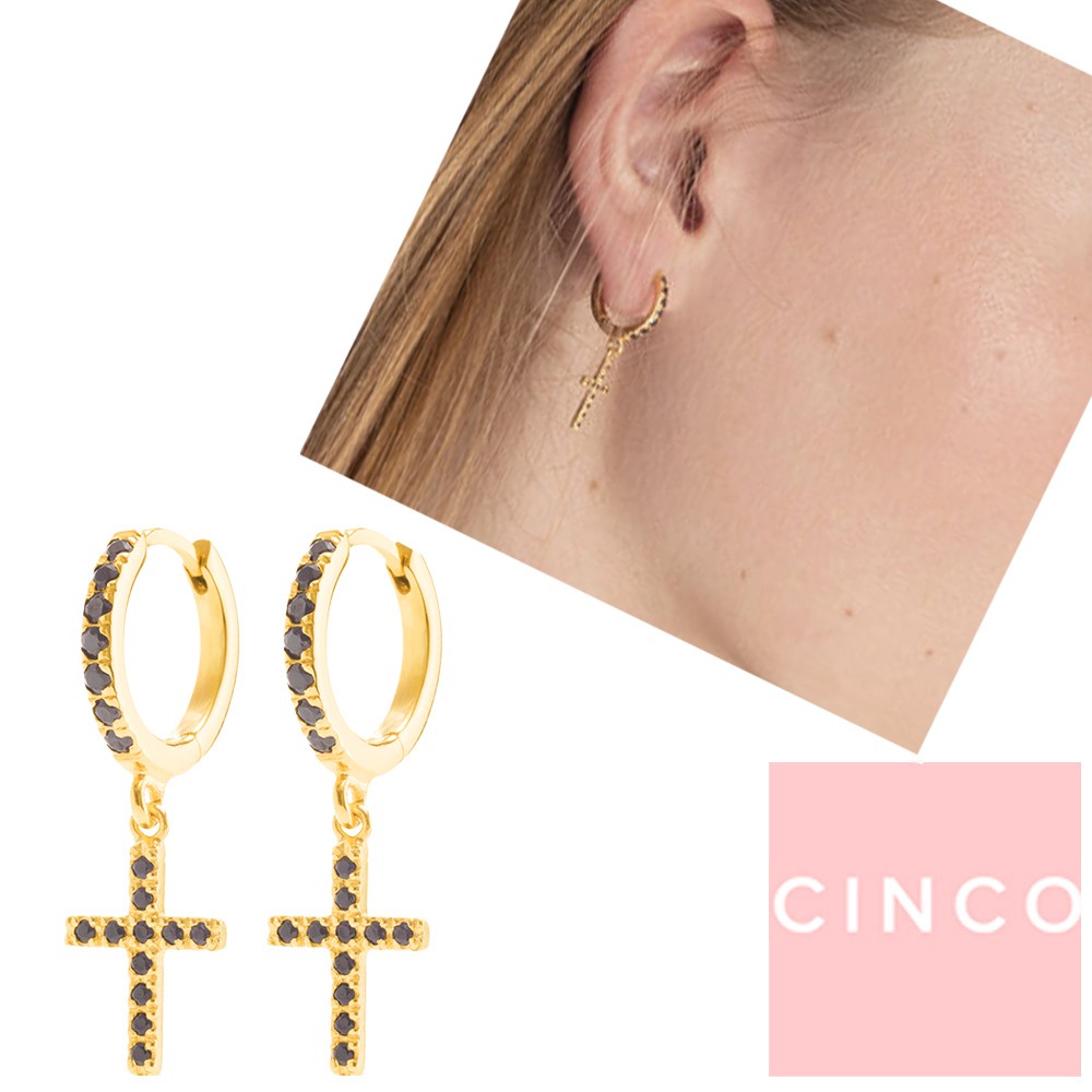 CINCO 葡萄牙精品 Sascha earrings black 925純銀鑲24K金 鑲鑽十字架耳環 黑色X金色