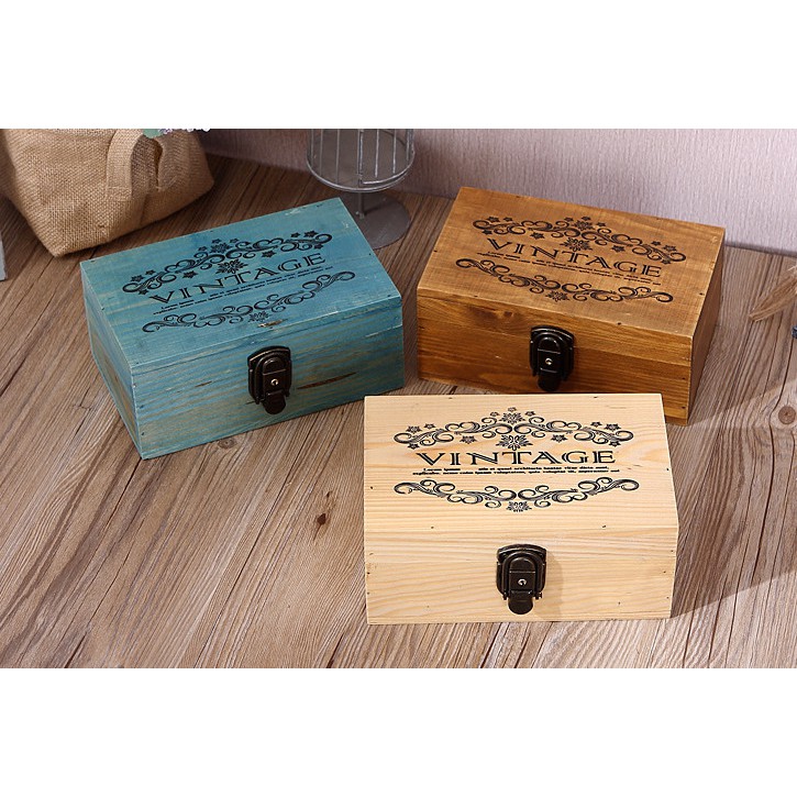 zakka 木盒 收納木盒 收納盒 收納箱 鎖盒 原木 附鎖頭 生活雜貨 小款 中款 藍色 淺木色 OBO02D3