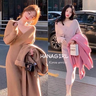 🎀 Hanagirl 正韓洋裝👗👗 女神感軟糯氣質交疊式針織洋裝 慵懶風露肩洋裝 長袖洋裝 W005