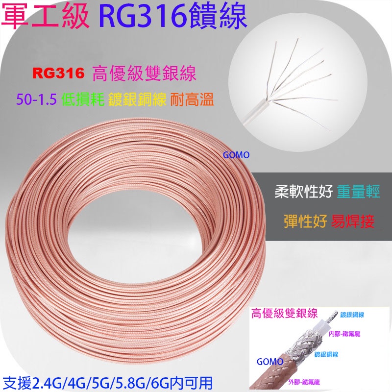 軍工級RG316饋線-高優級雙銀線50-1.5低損耗鍍銀銅線無線網路WIFI分享器路由器連接線射頻線信號天線轉接延長線用