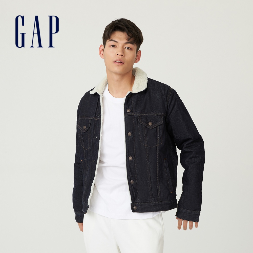 Gap 男裝 仿羊羔絨翻領牛仔外套-深藍色(732666)