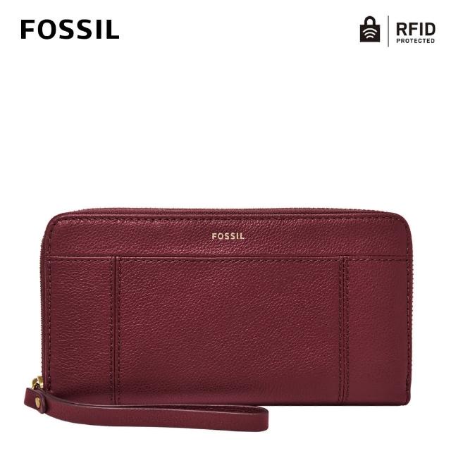 【FOSSIL】Jori 真皮手環帶拉鍊式RFID防盜長夾-咖啡紅 SWL2371599