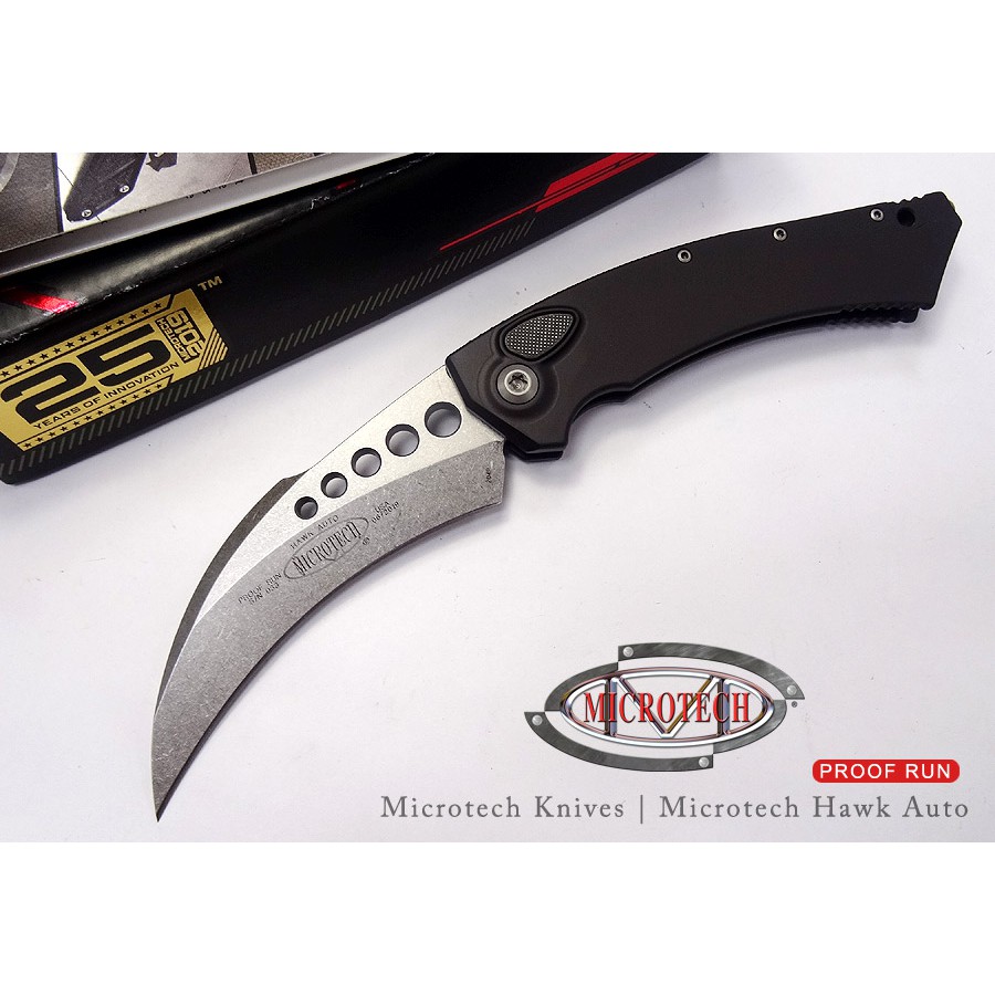 Microtech Hawk Auto黑鋁柄自動側彈折刀(204P鋼) 【Proof Run限量】