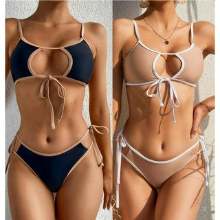 三月新款歐美比基尼背心式純色胸部鏤空綁帶兩件式bikini泳衣女